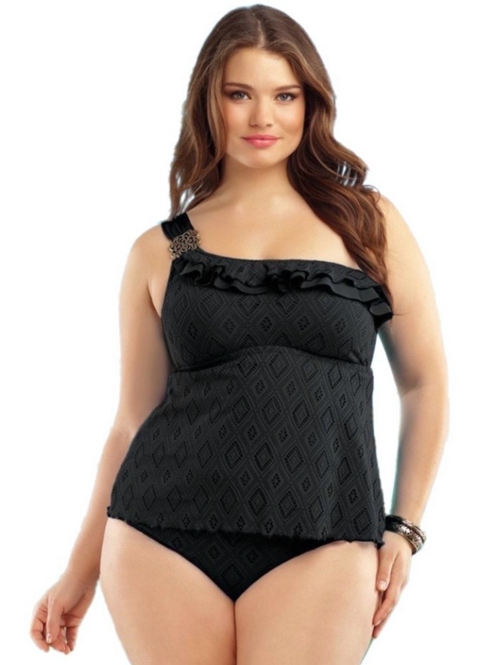 Becca Rebecca Virtue Lace Crochet Ruffle Convertible Swim Top Plus Size 1X Black